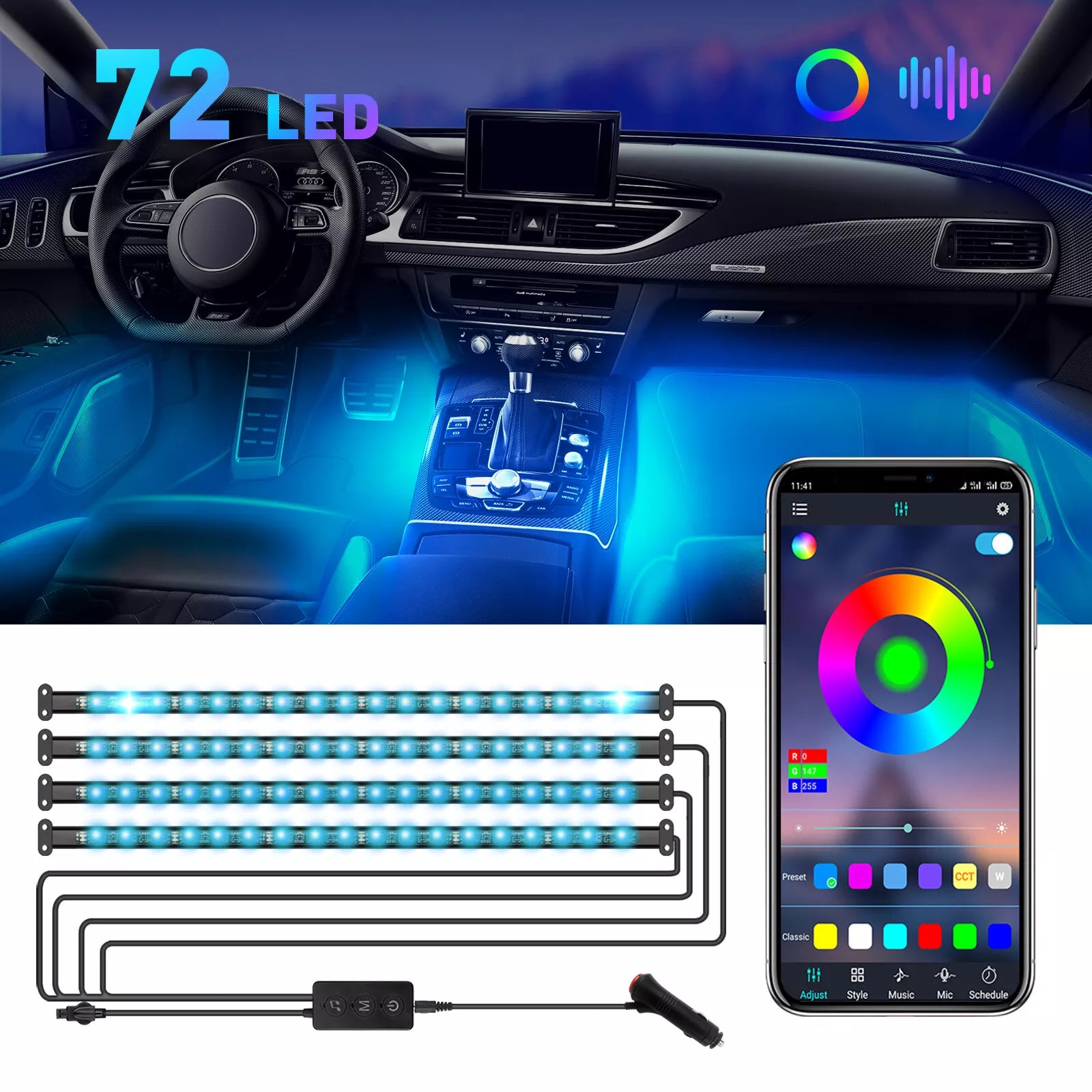 Tira de luz LED Luces ambientales interiores del coche RGB Aplicación de control inteligente multicolor IR 72 LED más brillantes