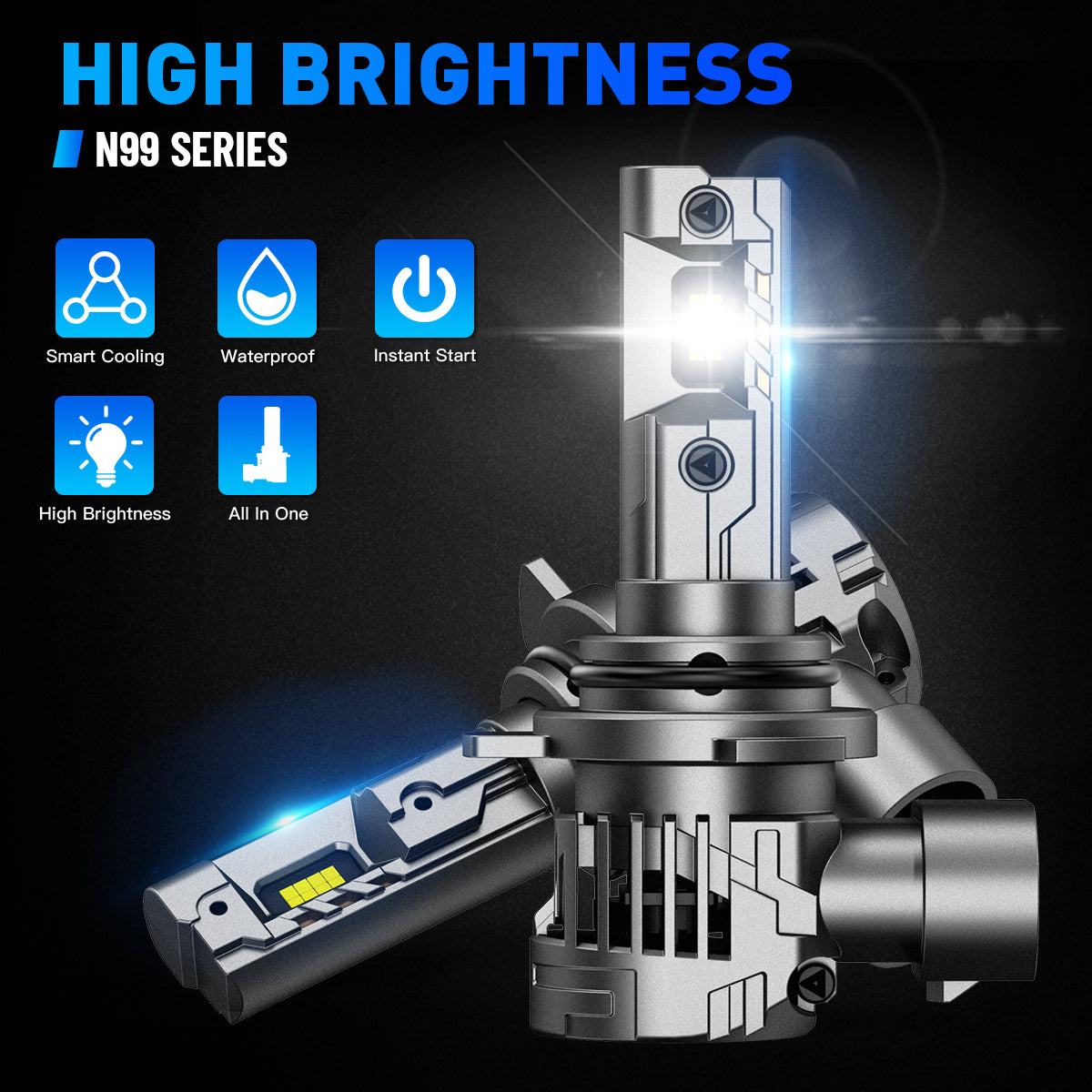 N99 Series Wireless | 9012 HIR2 LED Headlight Bulbs 100W 24000LM 6500K White | 2 Bulbs