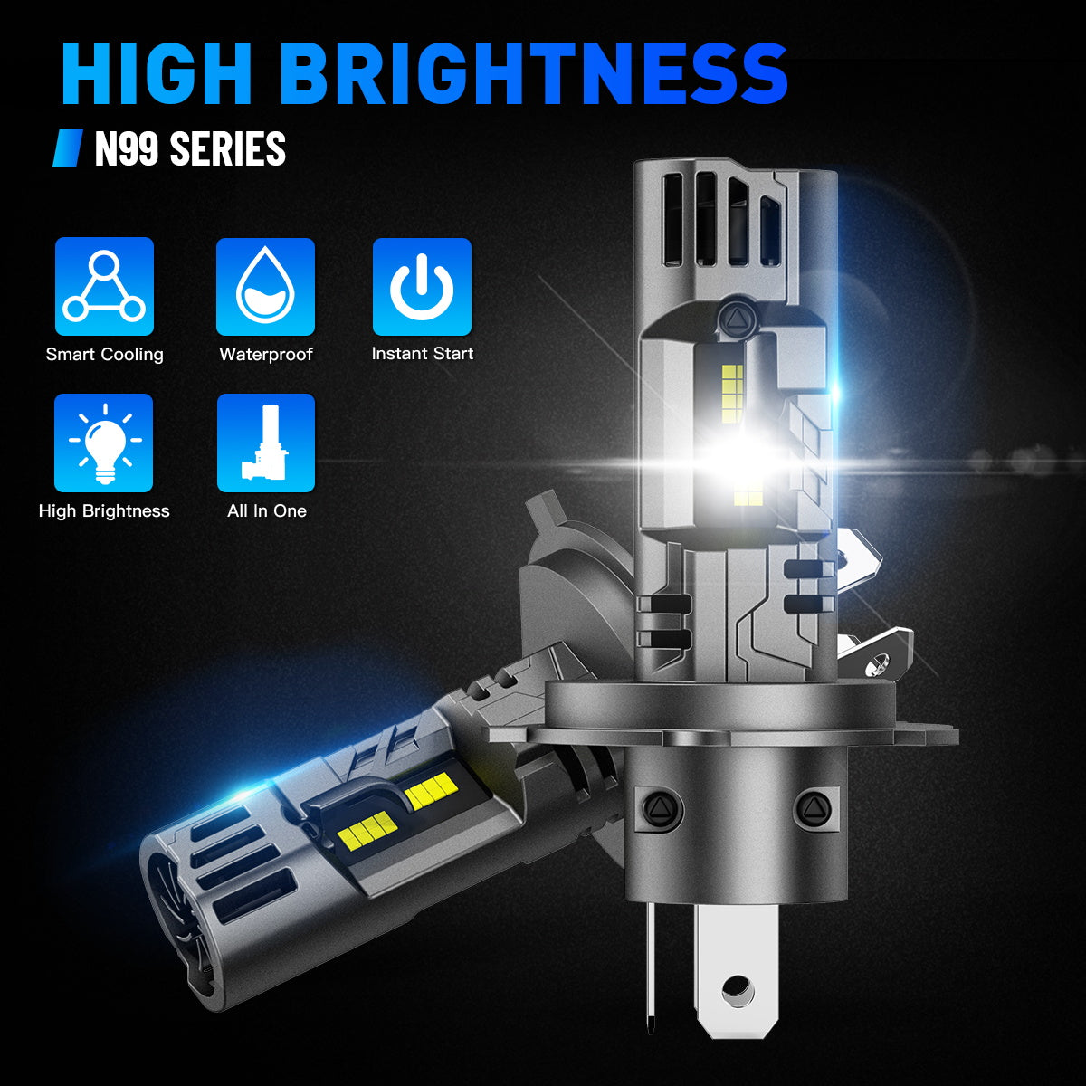 N99 Series Wireless | H4 HB2 9003 LED Headlight Bulbs 100W 24000LM 6500K White | 2 Bulbs