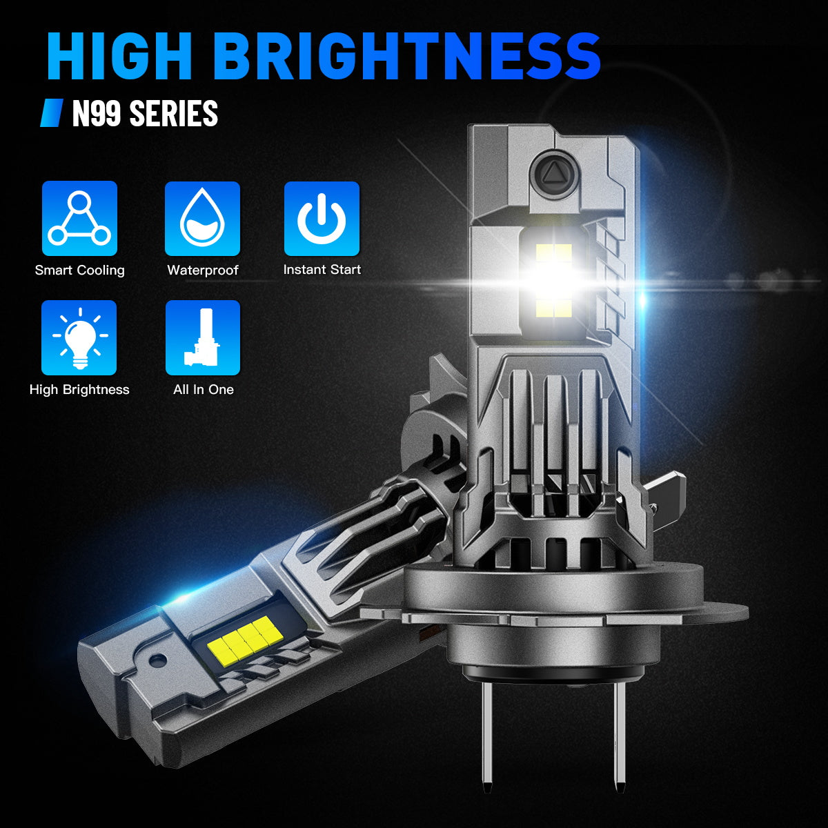 N99 Series Wireless | H7 LED Headlight Bulbs 100W 24000LM 6500K White | 2 Bulbs