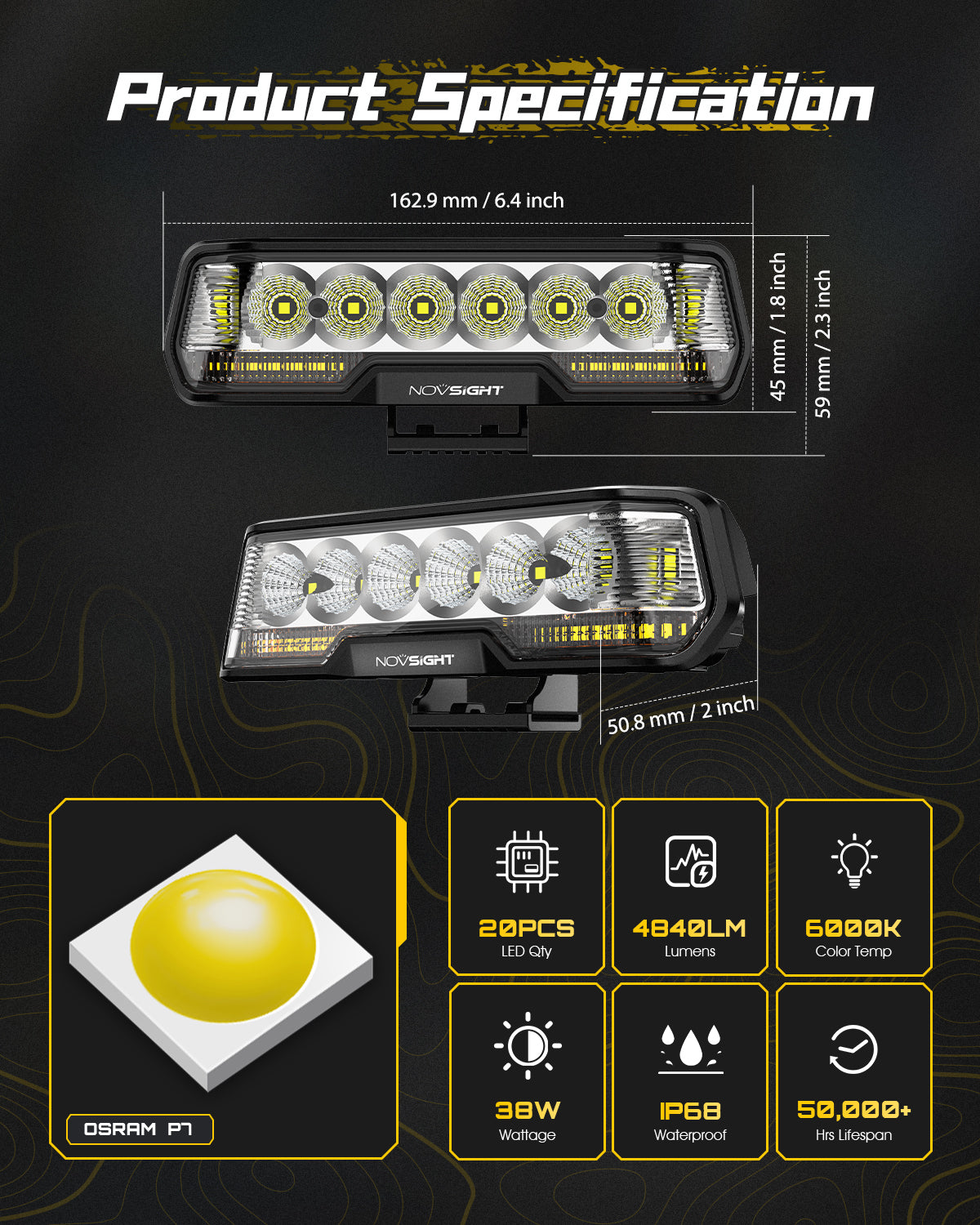 Rock Series | 6 Inch LED Integrated Reverse and Brake Light Bar Flood Beam Yellow White