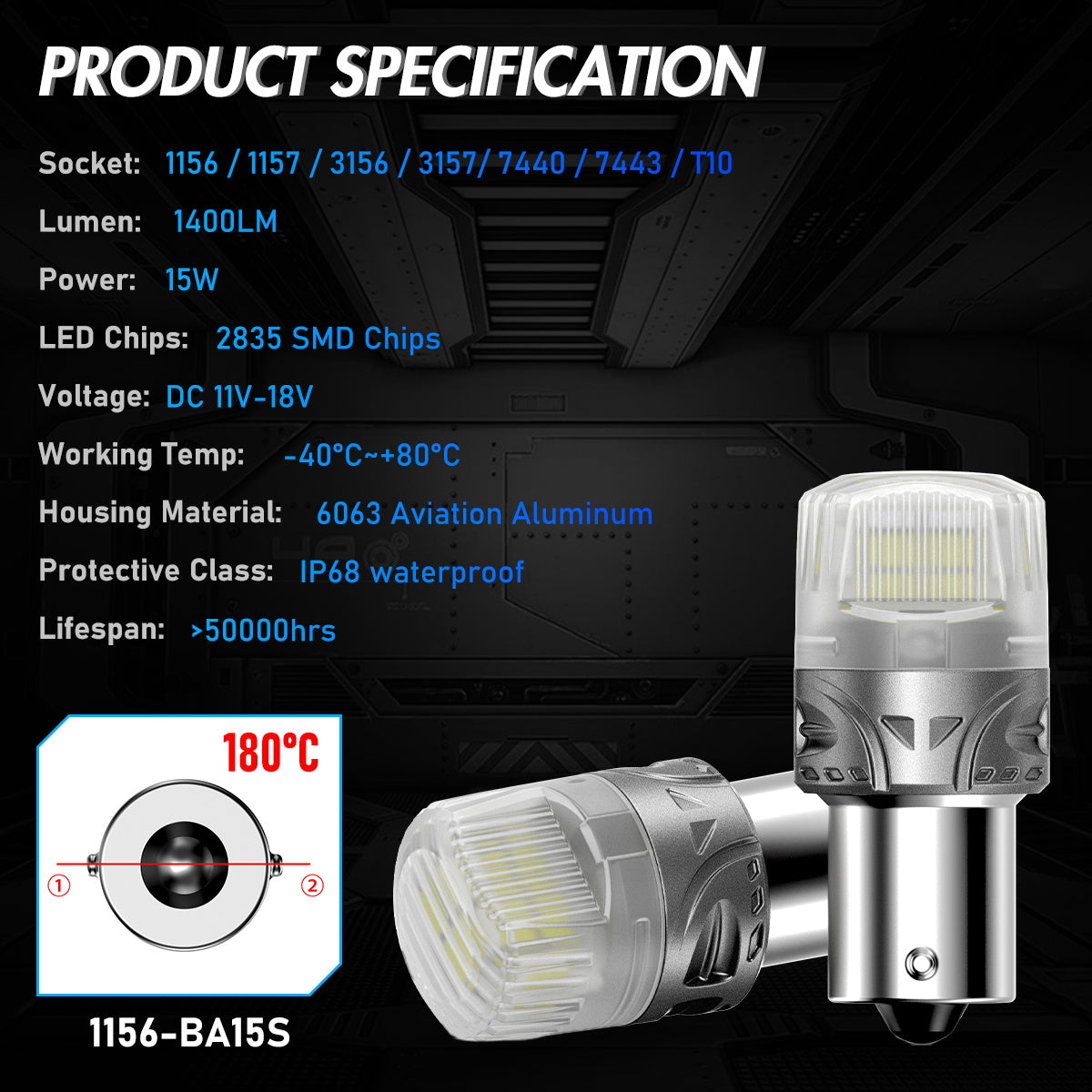 1156 180° P21W BA15S LED Bulbs for Rear Front Sinal Lights DRL White