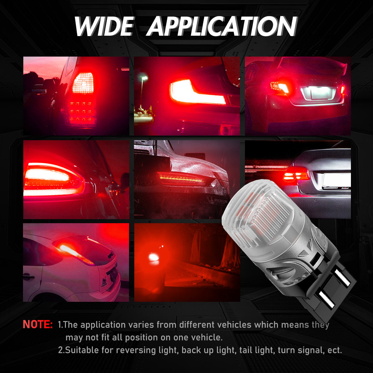 7443 T20 7444 W21 5W LED Bulbs for Rear Brake Back Up Lights - Red