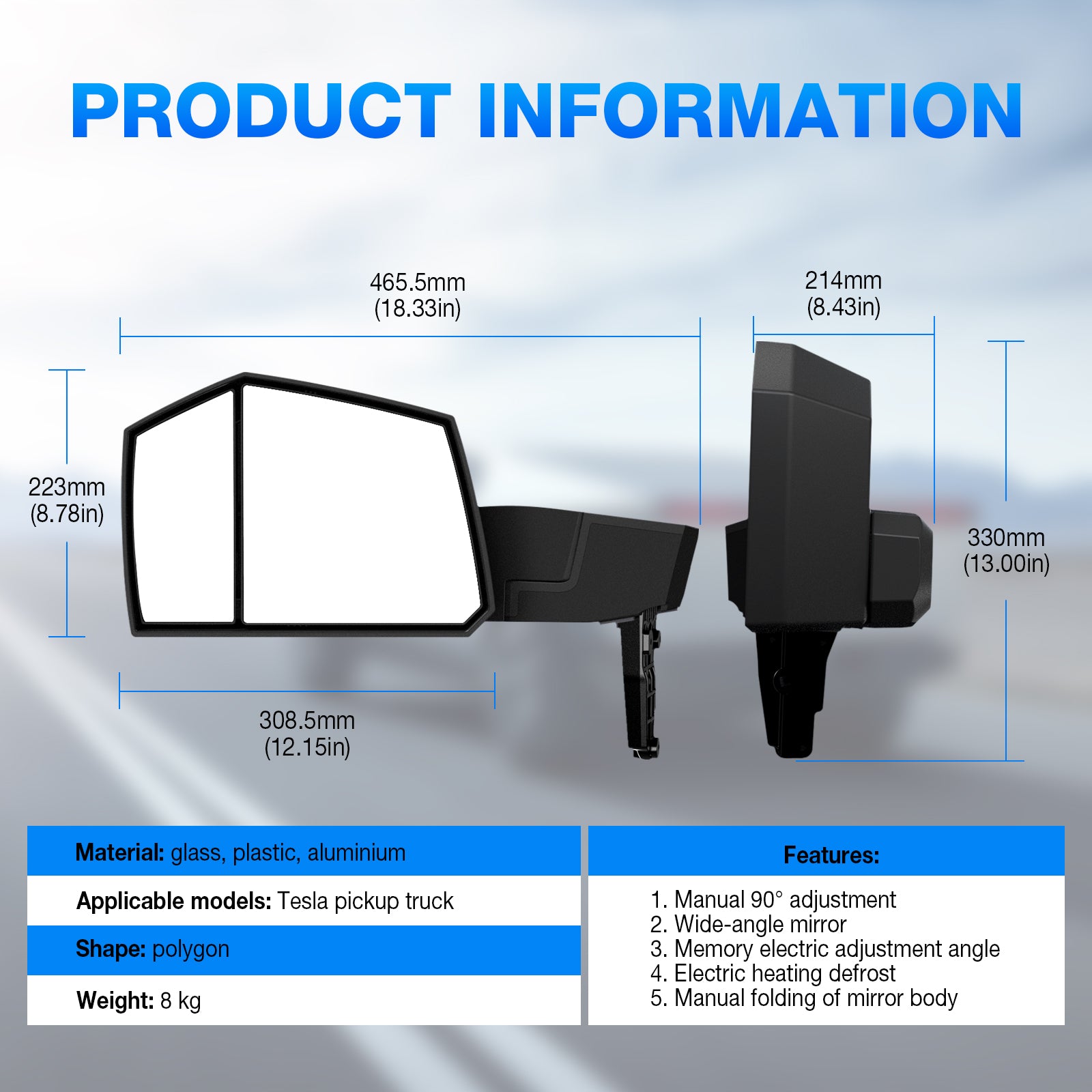 Tesla Cybertruck 90-Degree Adjustable Side Door Mirrors