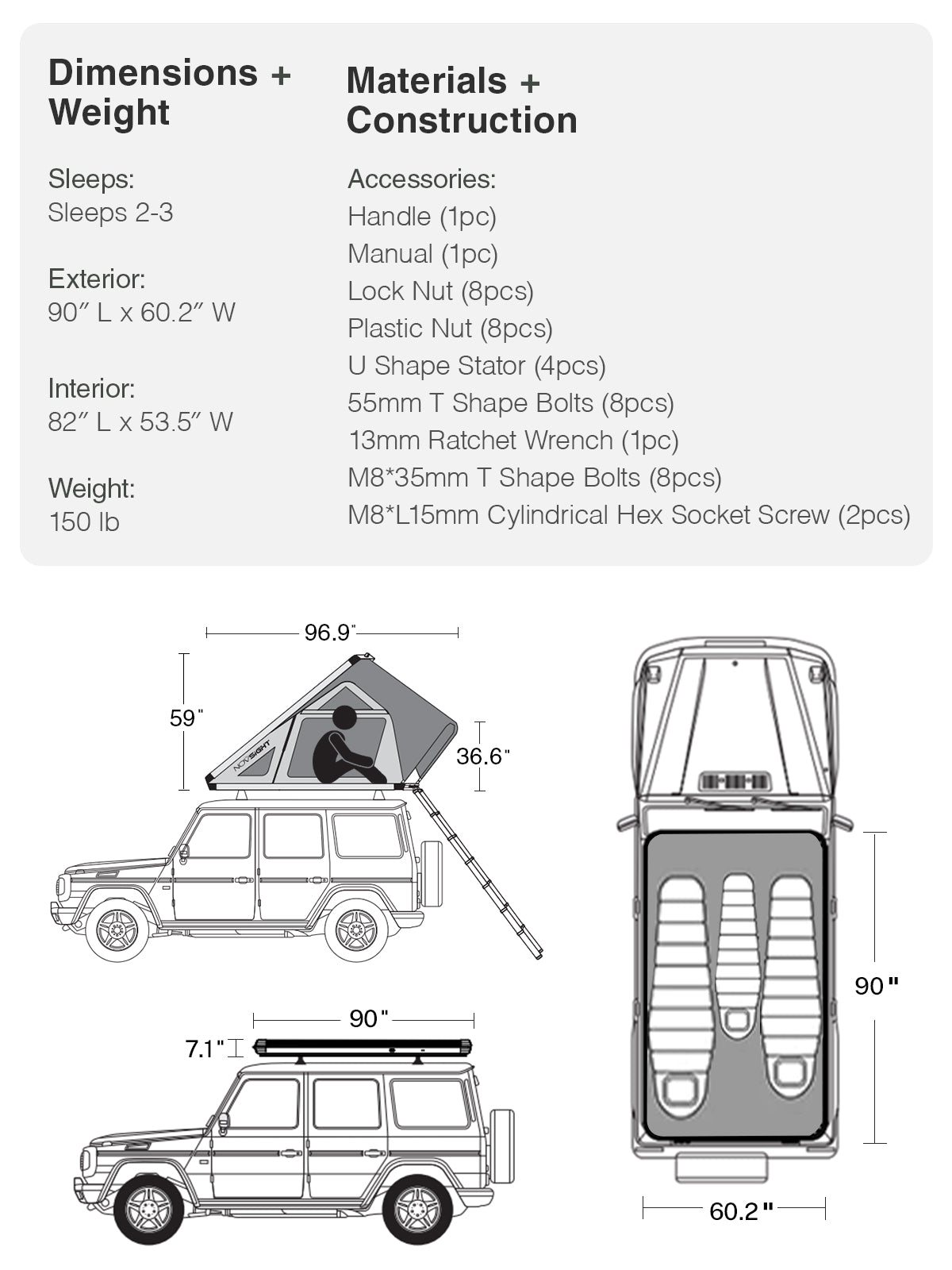 size of the novsight zebra rooftop tent mobile