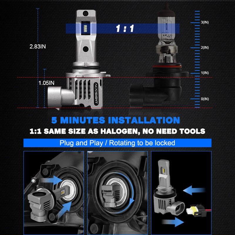 9005 LED headlight bulbs 1:1 design as halogen easy to install