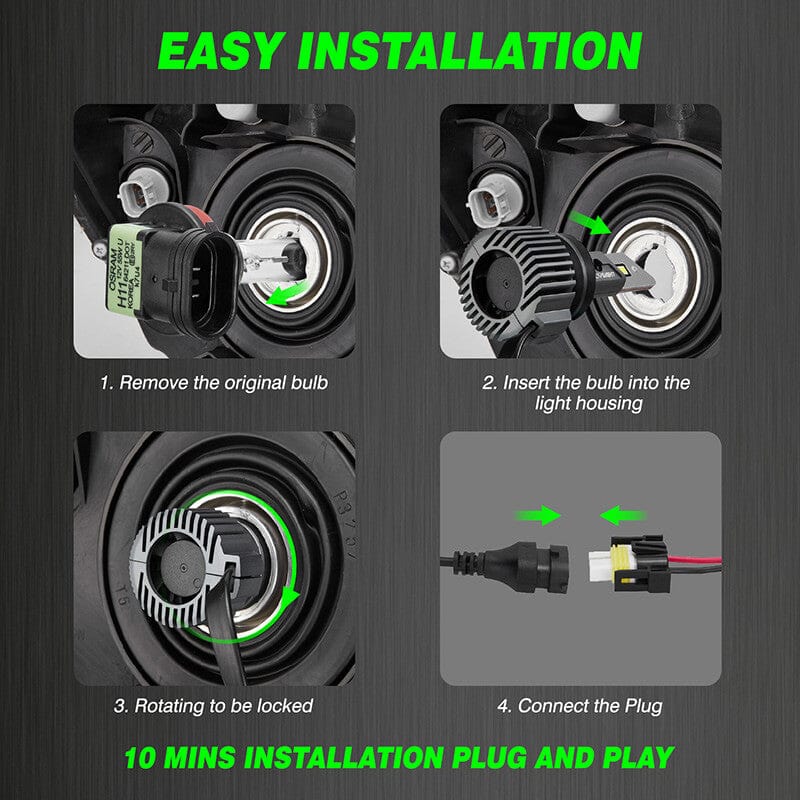 H11 LED headlight bulbs installation steps plug and play in 10 minutes